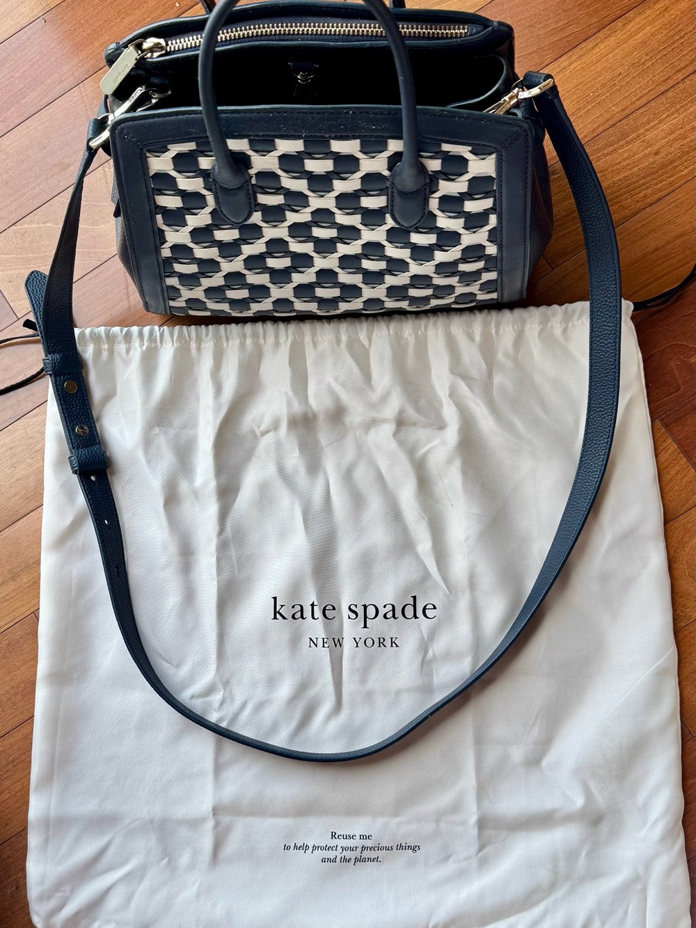 kate spade Navy and Cream Woven Satchel with Crossbody Strap